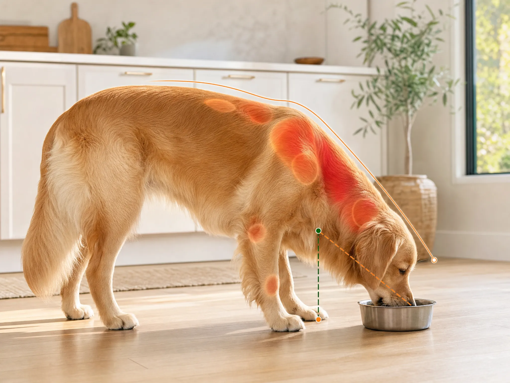 Dog bending down to eat from a floor-level bowl