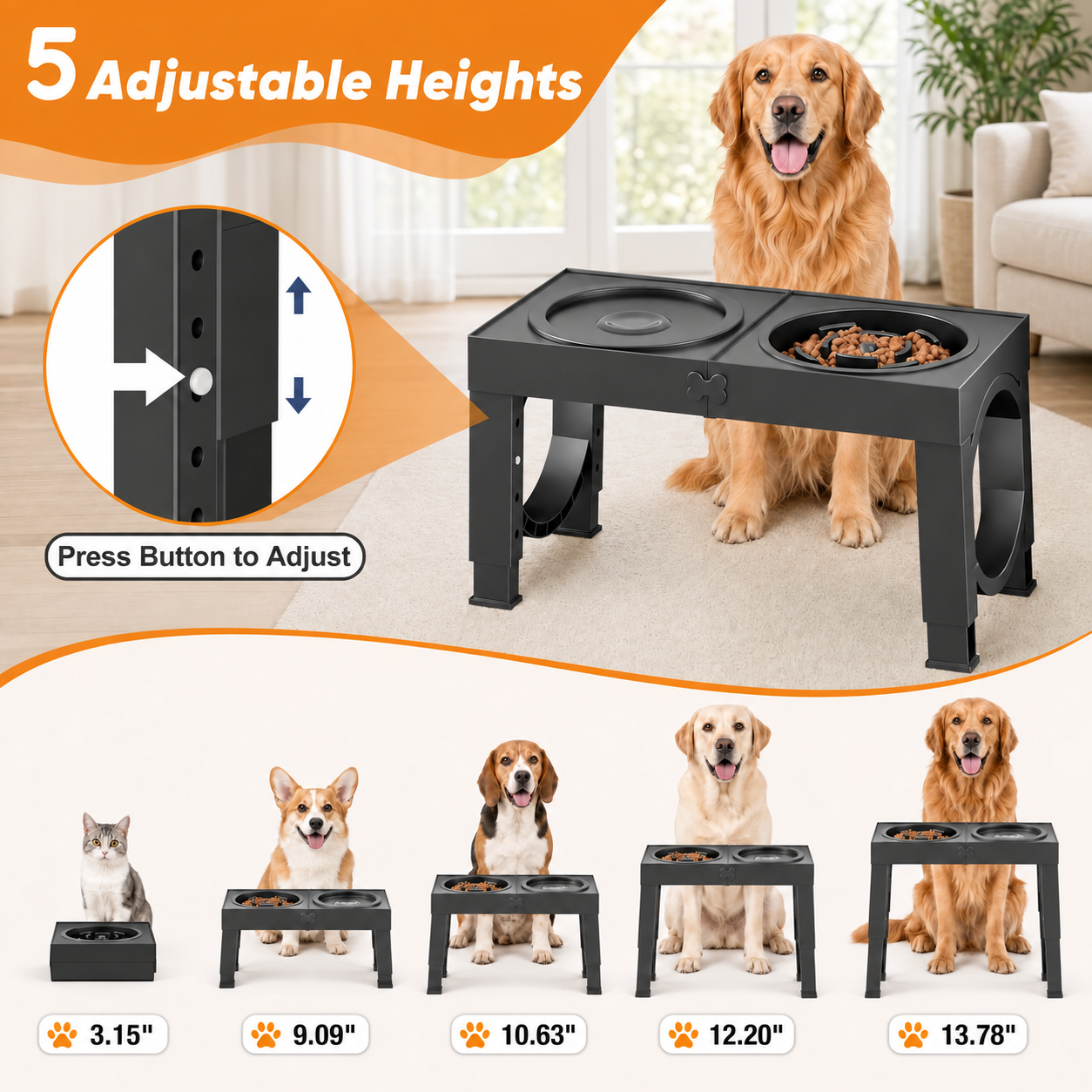 Five feeder heights: compact folded unit at 3.15 inches and raised settings at 9.09, 10.63, 12.20 and 13.78 inches