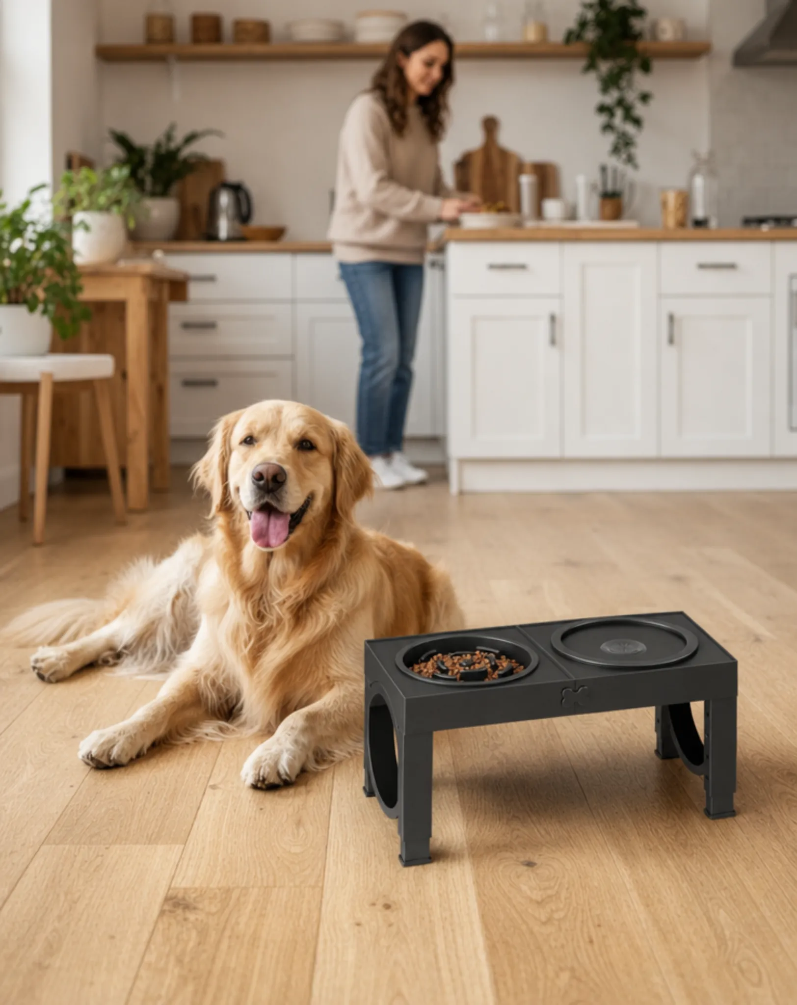 Golden retriever lying beside an adjustable black elevated slow-feeder dog bowl station in a bright kitchen.