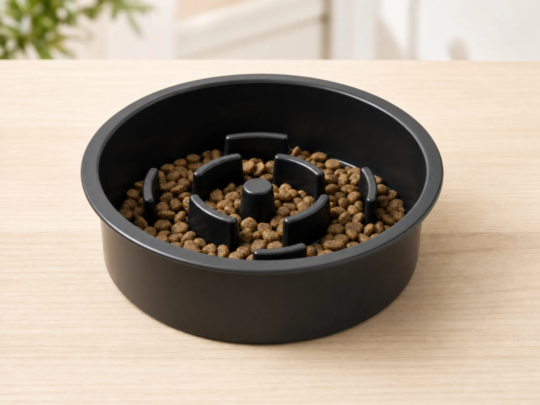 Slow-feeding maze bowl spreading kibble into channels