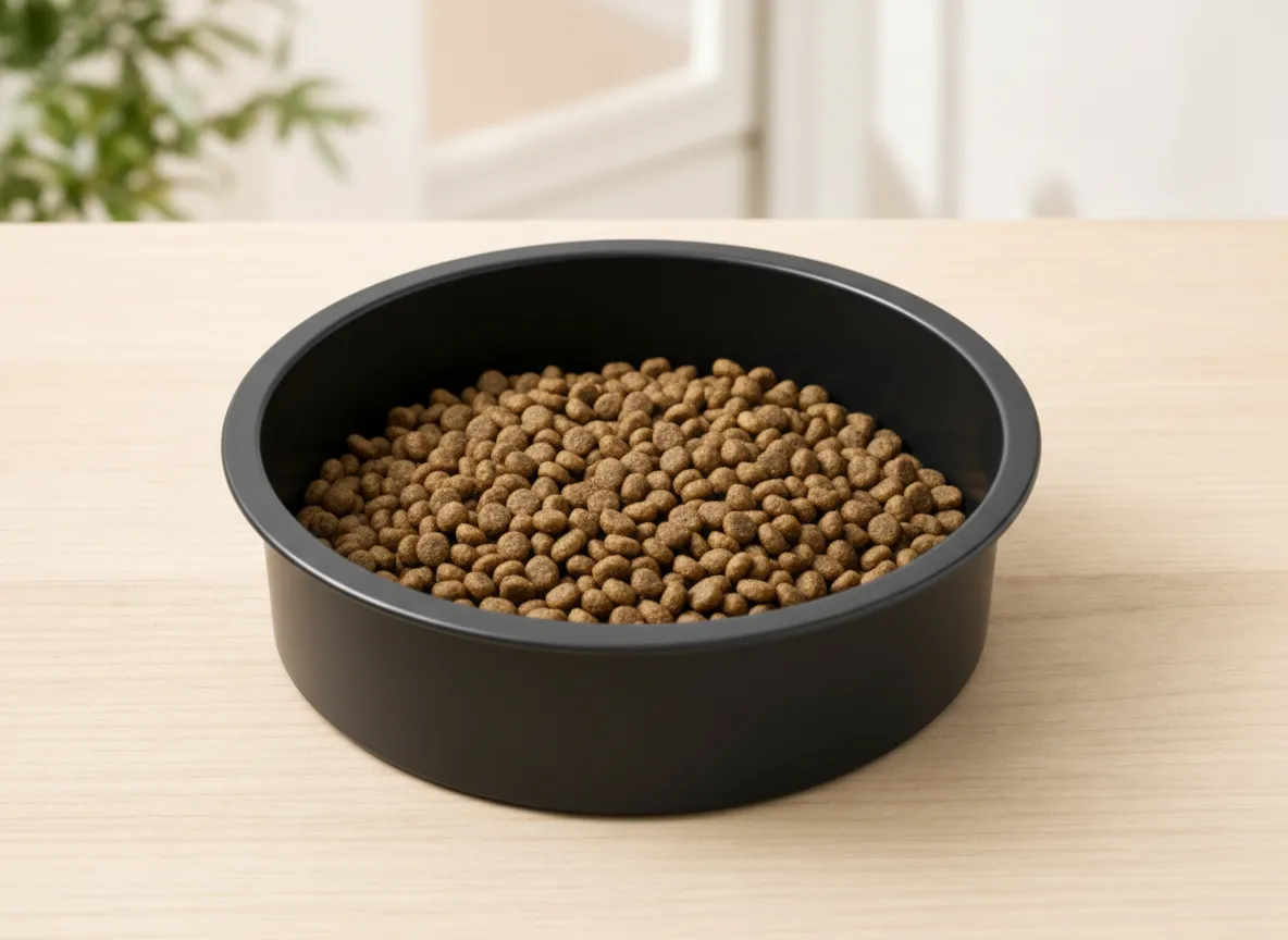 Standard open dog bowl with piled kibble