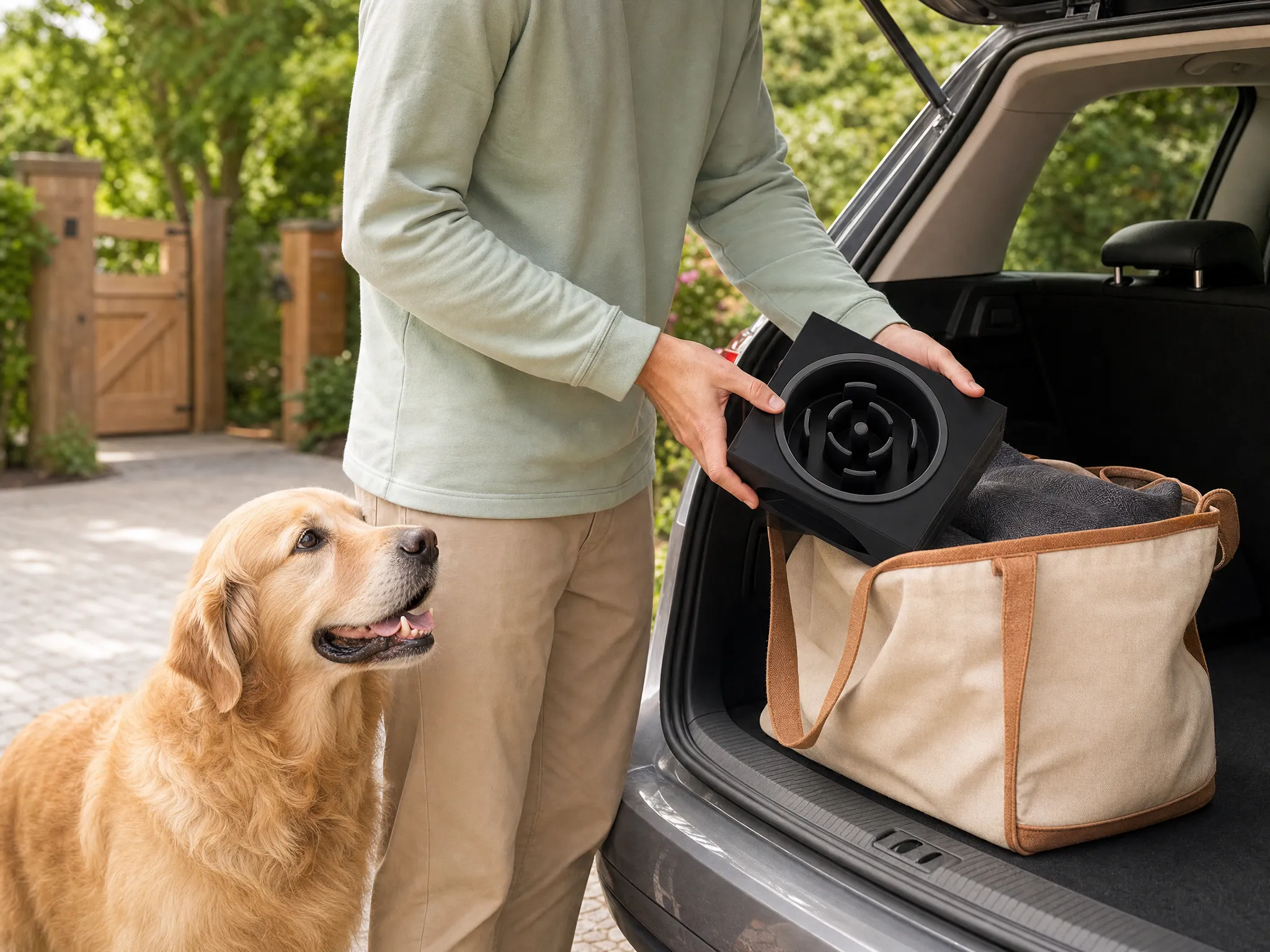 Folded Puppami feeding station being packed into a tote beside a car with a golden retriever