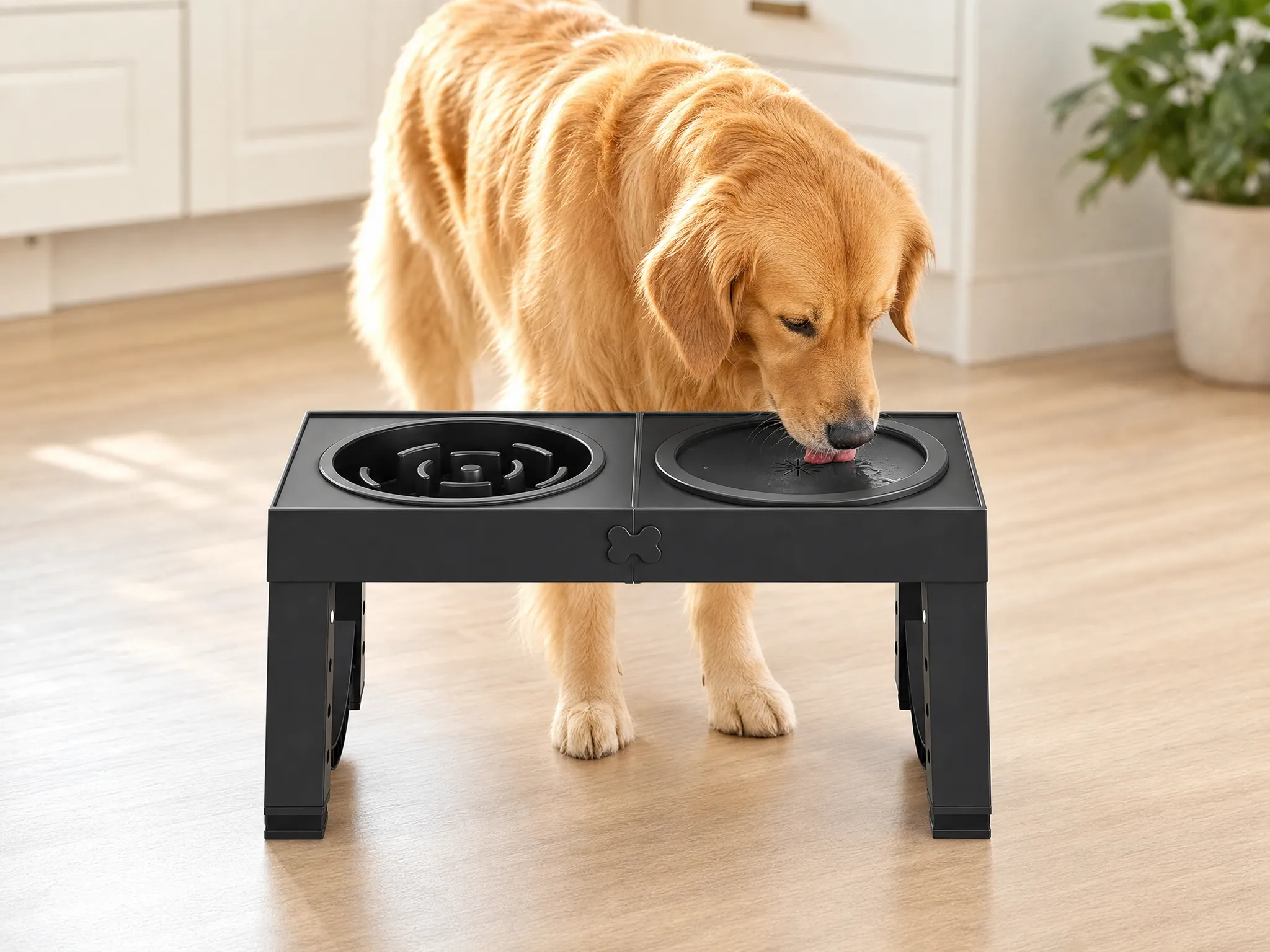 Golden retriever calmly drinking from the Puppami anti-splash water bowl on the elevated feeding station in a bright kitchen with a clean, dry floor